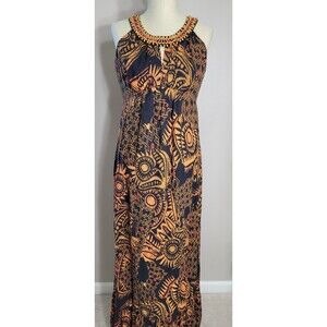 Vintage 90s Tribal Batik Style Maxi Dress w/ Beaded Collar  R&K Originals Size 8
